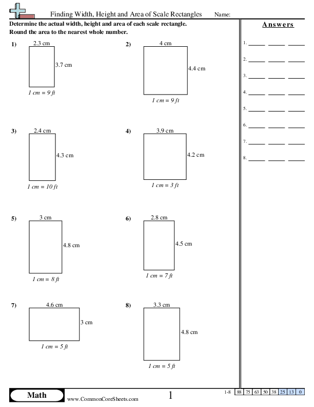 Finding Width, Height and Area of Scale Rectangles worksheet
